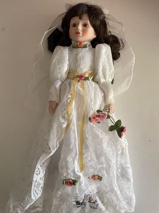 Muñeca Porcelana Vintage Novia Encaje Blanco