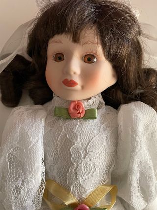 Muñeca Porcelana Vintage Novia Encaje Blanco