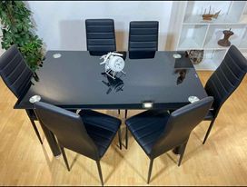 Mesa cristal templado + 6 sillas blancas