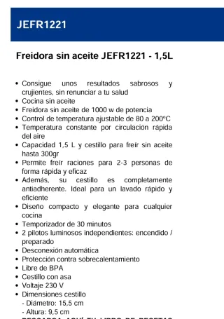 Freidora de aire Jata 1.5L