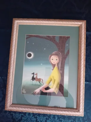 Cuadro mujer y caballos noche estrellada