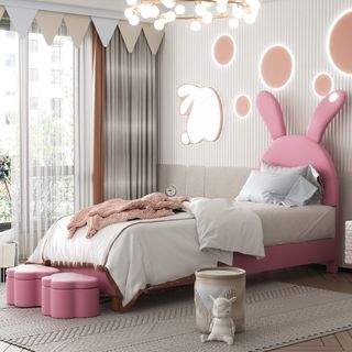 Cama infantil rosa con diseño de conejo