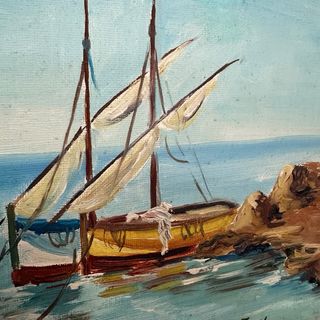 Pareja de lienzos óleo barcos años 80