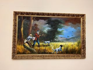 Cuadro de caza con paisaje y perros