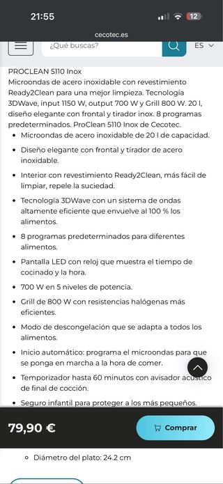 Microondas Cecotec 20L Grill