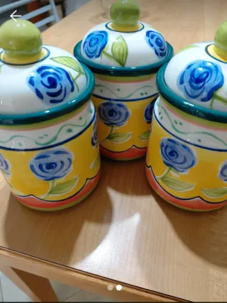 Set 3 Contenitori Ceramica Fiori Blu Giallo