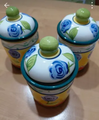 Set 3 Contenitori Ceramica Fiori Blu Giallo