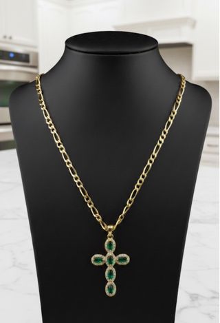 Collana Croce Oro con Zirconi Verdi