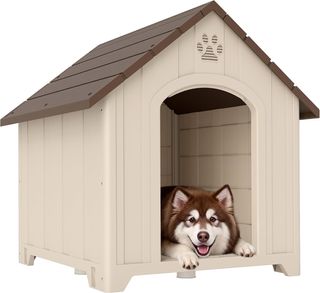 Caseta para Perros de Exterior, Tamaño Grande y XL, Casa para Perros de Plástico Impermeable con Base Elevada, Ventanas y Techo Inclinado para Jardín, Patio, Terraza, Casa, 102X94X103 Cm, Beige