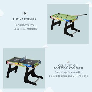 Mesa de Juego 4 en 1 para Futbolín, Billar, Air Hockey y Ping Pong con Accesorios Incluidos, Mesa Multijuego Plegable en MDF y Plástico, Multicolor