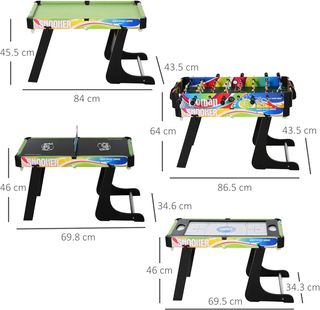 Mesa de Juego 4 en 1 para Futbolín, Billar, Air Hockey y Ping Pong con Accesorios Incluidos, Mesa Multijuego Plegable en MDF y Plástico, Multicolor