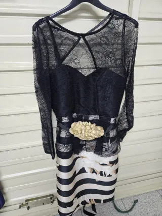 Vestido fiesta negro encaje y rayas