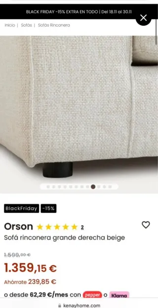 Sofá rinconera Orson beige Kenay