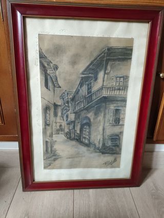 Disegno a carboncino di una strada con edifici antichi