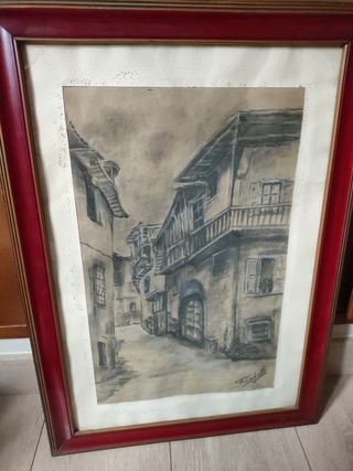 Disegno a carboncino di una strada con edifici antichi