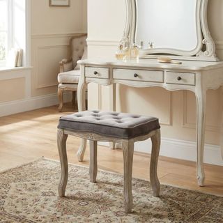 Sgabello Vintage in Velluto Grigio Legno Massello