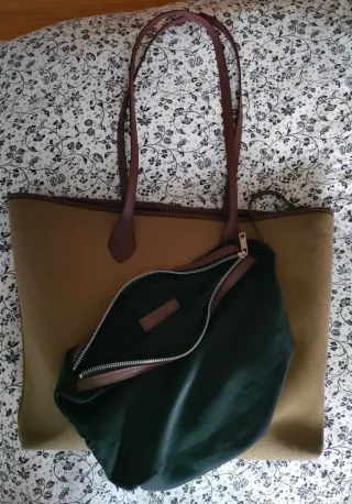 Bolso grande de lona beige y piel marrón