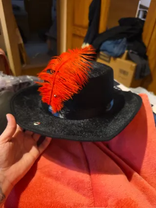Sombrero negro con pluma roja