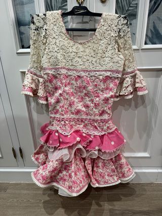 Traje de flamenca infantil rosa y blanco 8 años