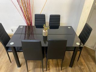 Mesa Comedor Cristal Negra + 6 Sillas