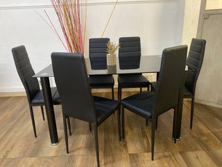 Mesa Comedor Cristal Negra + 6 Sillas