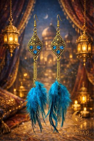 Pendientes Boho Pluma Azul y Dorado