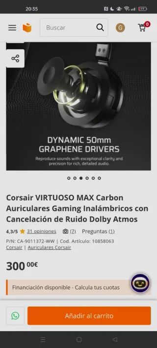 Corsair VIRTUOSO MAX Carbon Auriculares Gaming
