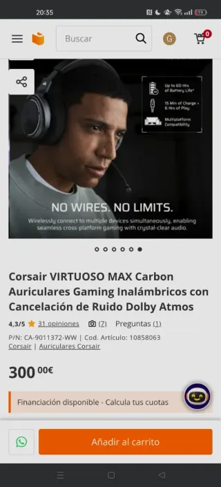 Corsair VIRTUOSO MAX Carbon Auriculares Gaming