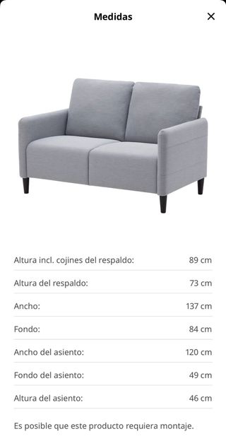 Sofá 2 plazas gris tela