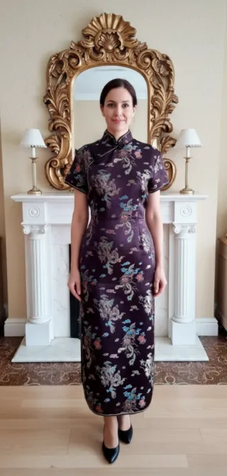 Vestido Vintage Brocado Oriental maron ,turquesa,.