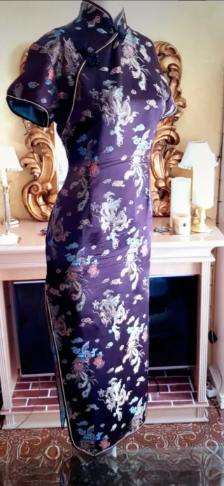 Vestido Vintage Brocado Oriental maron ,turquesa,.