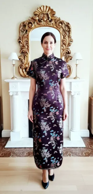 Vestido Vintage Brocado Oriental maron ,turquesa,.