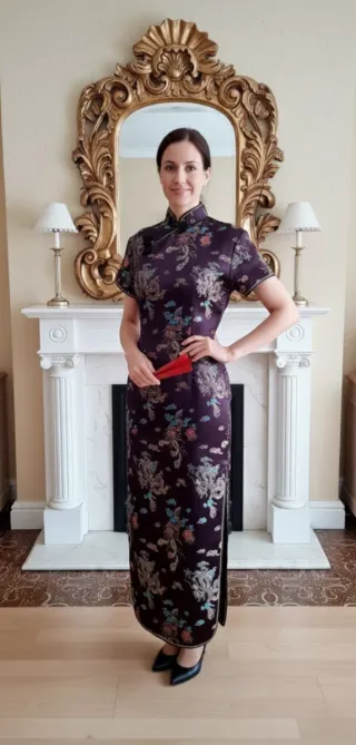 Vestido Vintage Brocado Oriental maron ,turquesa,.