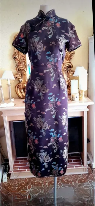 Vestido Vintage Brocado Oriental maron ,turquesa,.