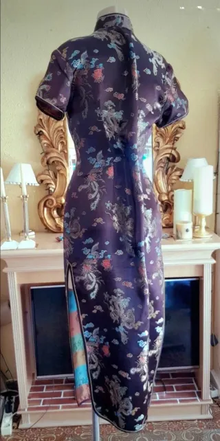 Vestido Vintage Brocado Oriental maron ,turquesa,.