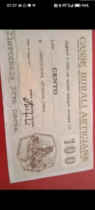 Mini assegno 100 lire 1977