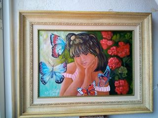 Cuadro al óleo niña con mariposas