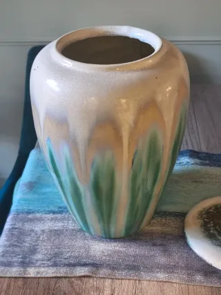 Jarrón Grande Vintage Cerámica Beige y Verde