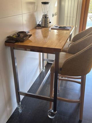 Mesa Barra Cocina Ruedas Industrial Madera Metal