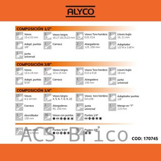 Juego Llaves de Vaso de 1/2", 1/4" y 3/8" - 171 Piezas Alyco 170745