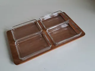 Set 4 ciotole aperitivo vetro su vassoio legno