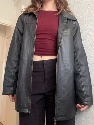 Chaqueta Larga Cuero Vintage Negra