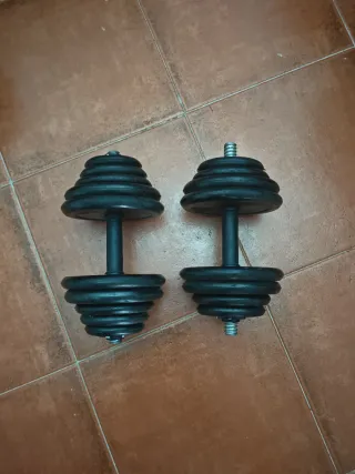 Equipo de gimnasio: mancuernas, barra y discos