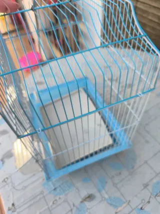 Jaula para pájaros azul y blanca