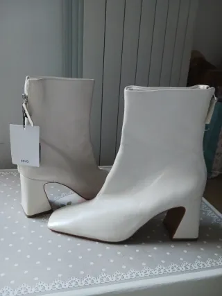 Botines Mango Blancos Tacón Cuadrado