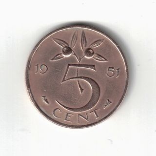 Moneta Olandese 5 Cent Regina Juliana 1951