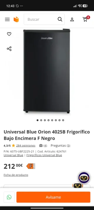 Nevera Universalblue Orion bajo encimera.