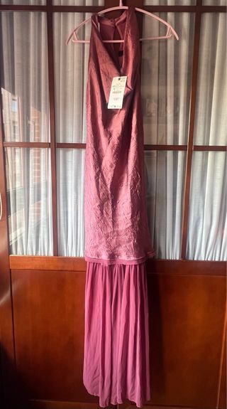 Vestido Zara satinado rosa falda plisada