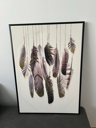 Cuadro moderno plumas beige y dorado