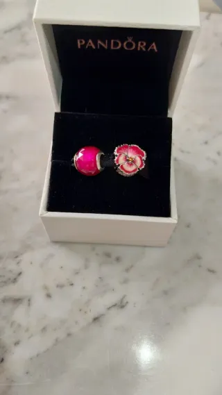 2 Charms Pandora Pensamiento Rosa Flor y Cristal